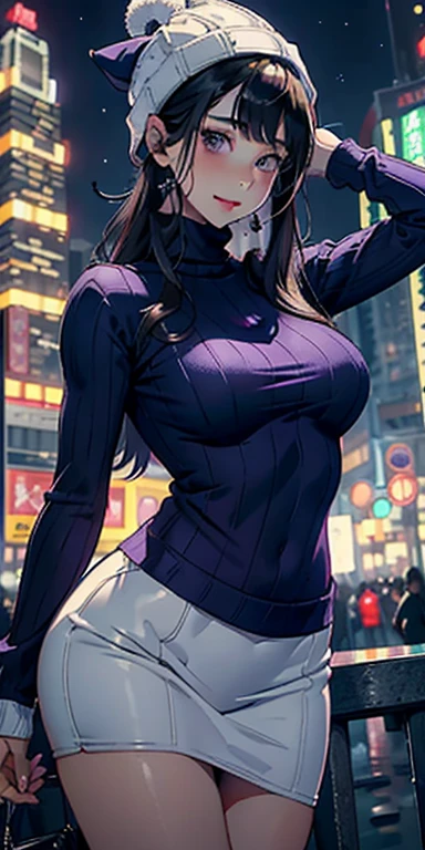 realisticlying、14 year old girl、Emphasis on chest contour shading、Wearing a tight-fitting purple turtleneck sweater、Wearing a white knitted hat、Wearing a ruffled miniskirt、Breasts enlarged、Versatile sexy poses、Face smile、Hong Kong on Christmas Night