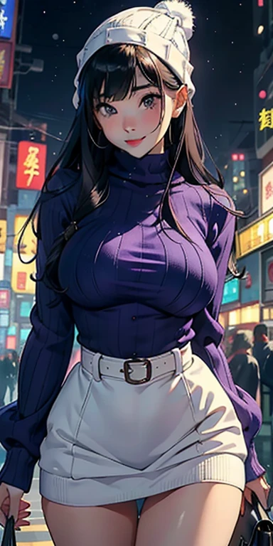 realisticlying、14 year old girl、Emphasis on chest contour shading、Wearing a tight-fitting purple turtleneck sweater、Wearing a white knitted hat、Wearing a ruffled miniskirt、Breasts enlarged、Versatile sexy poses、Face smile、Hong Kong on Christmas Night