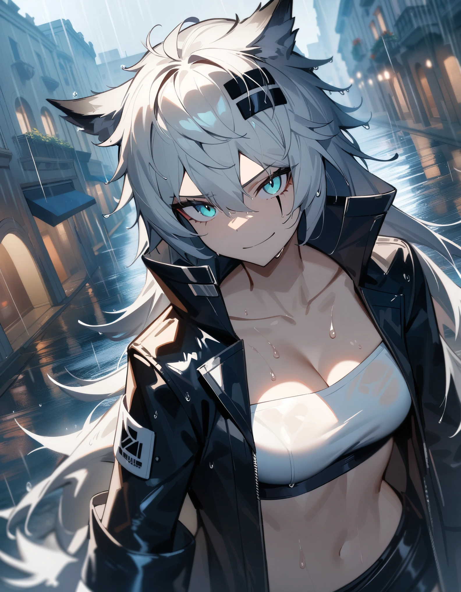 masterpiece, best quality, very aesthetic, absurdres, 1girl, lappland\(arknights), arknights, looking at viewer, wolf ears, aqua eyes, scar across eye, open jacket, tube top, strapless, gloves, breasts, closed mouth, smirk, wet, Italian city, rain, serious, cinematic angle