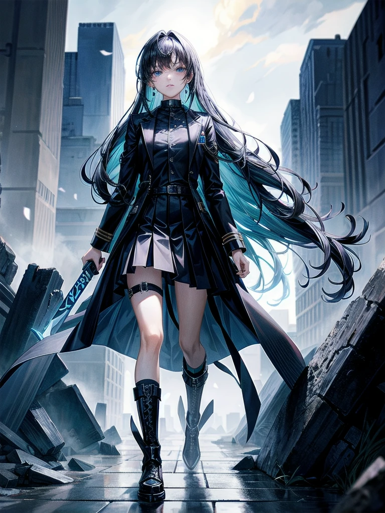 whole body, long blue great sword, Ruins, tech boots, black jacket, samurai, school_uniform, absurdres, extremely delicate and beautiful, masterpiece, Best Quality, ultra high resolution, 32k, ultra-detailed description, tearful mole, earring, short medium wavy hair,