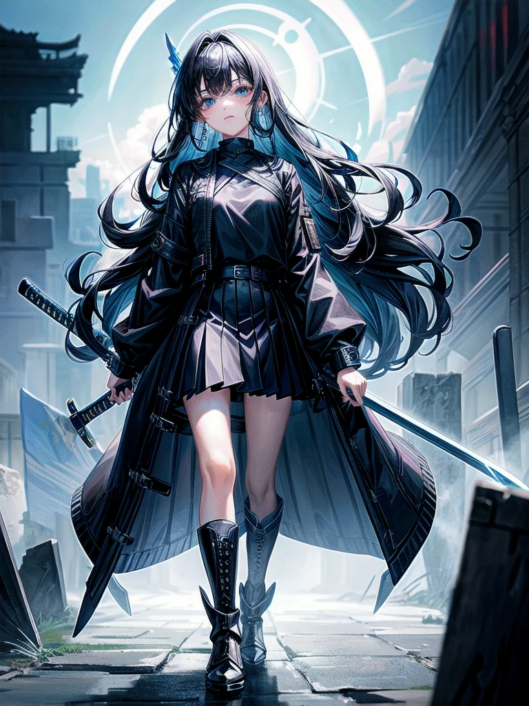 whole body, long blue great sword, Ruins, tech boots, black jacket, samurai, school_uniform, absurdres, extremely delicate and beautiful, masterpiece, Best Quality, ultra high resolution, 32k, ultra-detailed description, tearful mole, earring, short medium wavy hair,