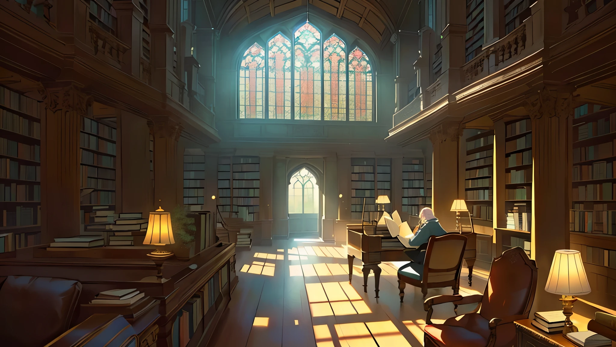 (a tranquil library scene),books,filled with bookshelves,cosy armchairs,soft lighting,wooden reading desks,gentle piano music in the background,large windows with sunlight streaming in,peaceful atmosphere,serene ambiance,quiet whispers,warm colors,living plants,leather-bound books and antique manuscripts,hidden corners and alcoves,bookmarks,reading glasses,literary quotes,pencil sketches,faint scent of old books,curling pages,comforting silence,engrossed readers,enjoying the magic of words.