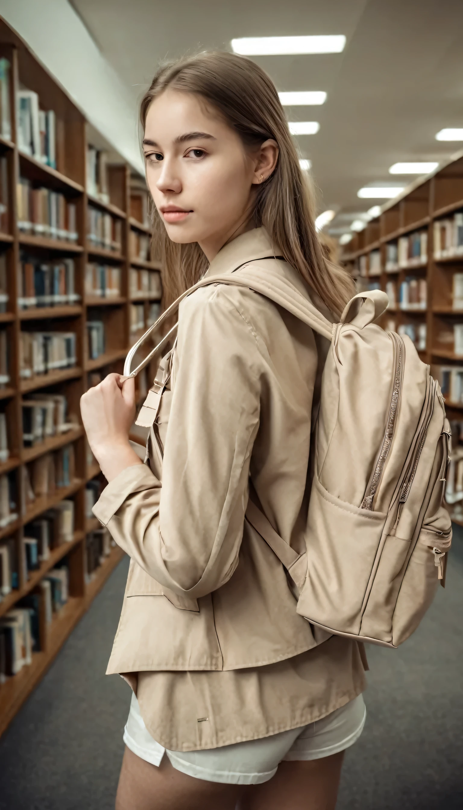 the young woman is in In a library. She is wearing beige clothes and carrying a white backpack.
many details, extreme detailed, full of details,
Wide range of colors.
Many details everywhere. soft shadows. Low saturation colors. Insane quality. Insane resolution. Insane details. Masterpiece. 32k resolution.
Dramatic,Dynamic,Cinematic,Sharp details