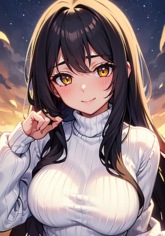 Masterpiece, best quality, expressive eyes, perfect face, 1girl, breasts, sweater, solo, long hair, large breasts, smile, white sweater, turtleneck sweater, looking at viewer, night, turtleneck, ribbed sweater, yellow eyes, blush, long sleeves, sky