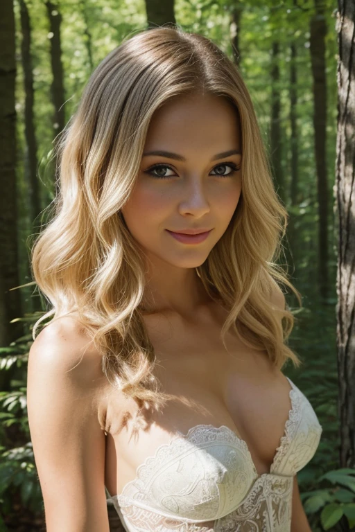, 25 ans, delicate, poudre de contour, sexy, marvel cosplay, intricate details, French touch, cheveux de longueur moyenne, cheveux blonds, yeux bleus, sourire romantique, seductive look, bonne couverture, de nuit, éclairée par les flashes des photographes, skin details, pores de la peau, sexy, Samsung S22 Ultra digital camera, dans une foret humide