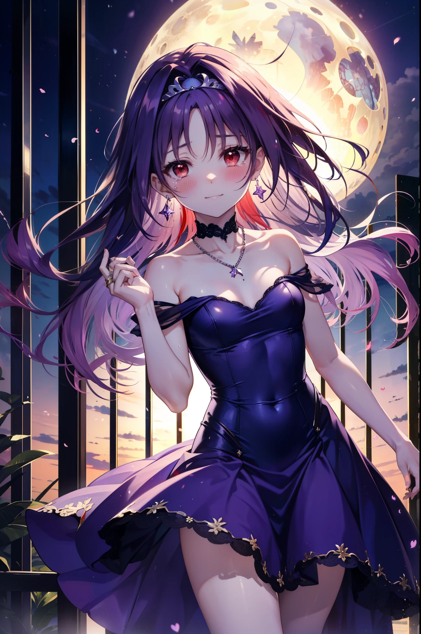 yuukikonno, Konno Yuuki,Long Hair, tiara,Pointed Ears, Purple Hair, (Red eyes:1.5), (Small breasts:1.2), smile,Purple Dress,Purple Long Skirt,Purple stiletto heels,Sleeveless,Expose your shoulders,Bare arms,Bare neck,bare clavicle,He is wearing a wedding ring on the ring finger of his left hand.,Heart Necklace,Tears stream down her face,Tears of joy,I cry a lot,Romantic night view,moonlight,
break outdoors, hill,
break looking at viewer, (Cowboy Shot:1.5),
break (masterpiece:1.2), highest quality, High resolution, unity 8k wallpaper, (shape:0.8), (Beautiful details:1.6), Highly detailed face, Perfect lighting, Extremely detailed CG, (Perfect hands, Perfect Anatomy),