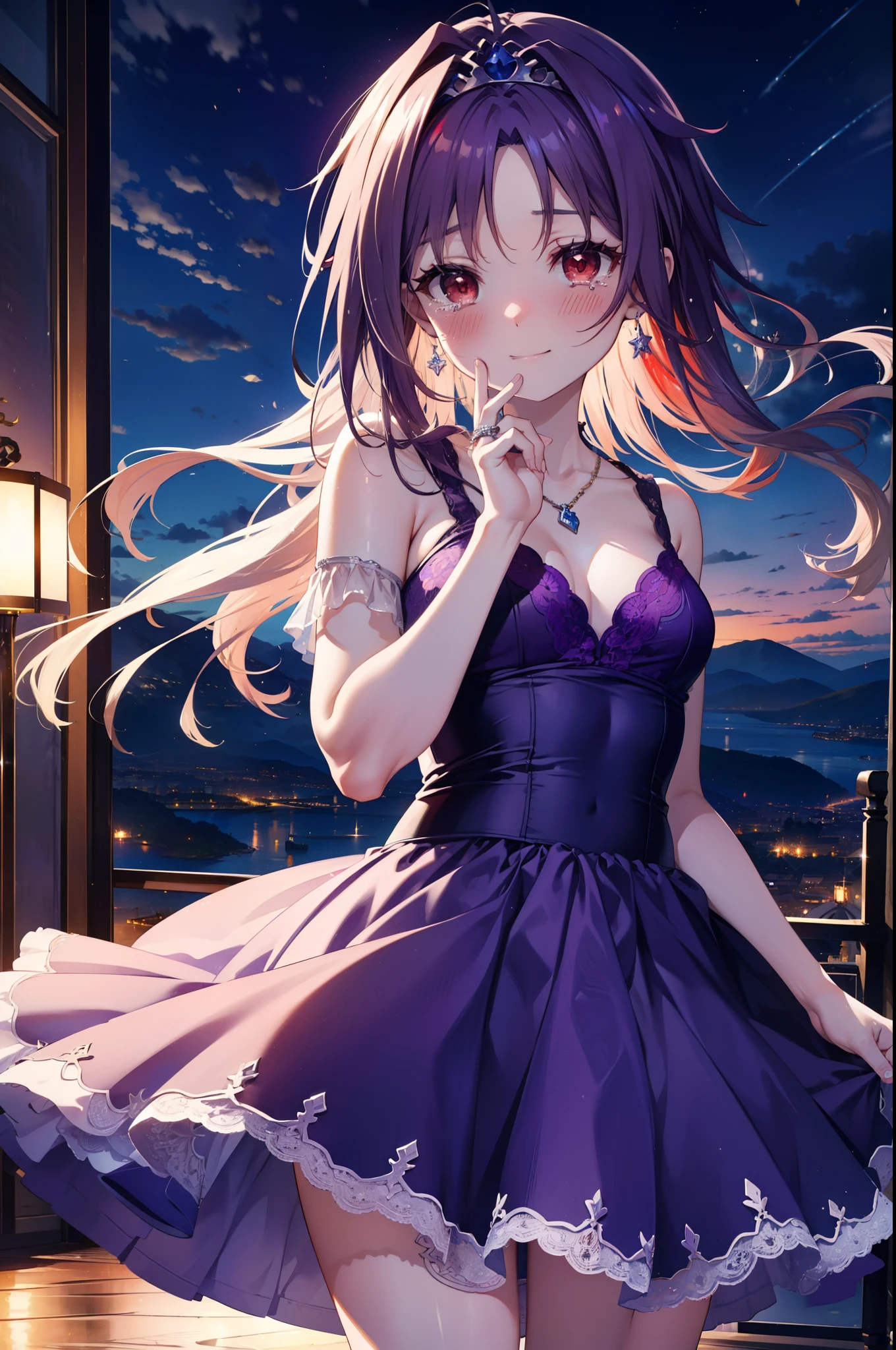 yuukikonno, Konno Yuuki,Long Hair, tiara,Pointed Ears, Purple Hair, (Red eyes:1.5), (Small breasts:1.2), smile,Purple Dress,Purple Long Skirt,Purple stiletto heels,Sleeveless,Expose your shoulders,Bare arms,Bare neck,bare clavicle,He is wearing a wedding ring on the ring finger of his left hand.,Heart Necklace,Tears stream down her face,Tears of joy,I cry a lot,Romantic night view,moonlight,
break outdoors, hill,
break looking at viewer, (Cowboy Shot:1.5),
break (masterpiece:1.2), highest quality, High resolution, unity 8k wallpaper, (shape:0.8), (Beautiful details:1.6), Highly detailed face, Perfect lighting, Extremely detailed CG, (Perfect hands, Perfect Anatomy),