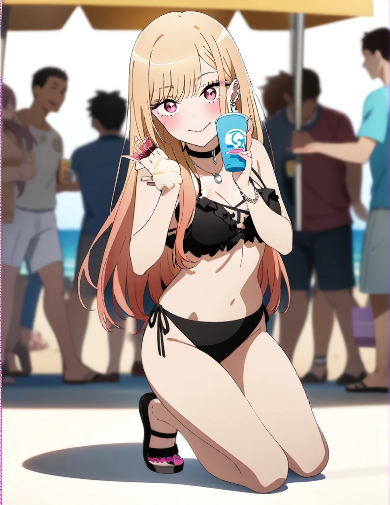 1girl, kitagawa marin, sono bisque doll wa koi wo suru, bikini, beach, beach parasol, kneeling, ready drink in one hand, crowd, closed mouth, sexy pose, key visual, highly detailed, looking at viewer, full body, masterpiece, best quality, very aesthetic, absurdres