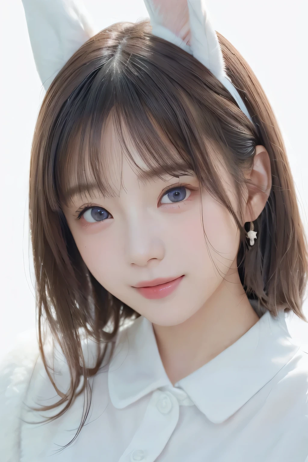 (8k, RAW Photos, highest quality, masterpiece)、1 pretty girl、(************)、(Upper shot close-up:1.2)　、slim、Flat Body、(Very delicate and beautiful)、Beautiful lighting、Light、Realistic Shadows、Delicate skin、smile、hair band、Purple eyes、sad、Bunny ears、Anatomically correct、Fluffy white rabbit、Wearing a fluffy white coat