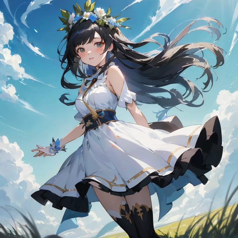 Anime girl in white dress with flowers in her hair, hestia, anime goddess, Cute anime waifu in a nice dress, Ayaka Genshin Impact, Anime visuals of cute girls, anime moe art style, Beautiful maiden, guweiz on pixiv artstation, guweiz, cushart krenz key art feminine,  in dress