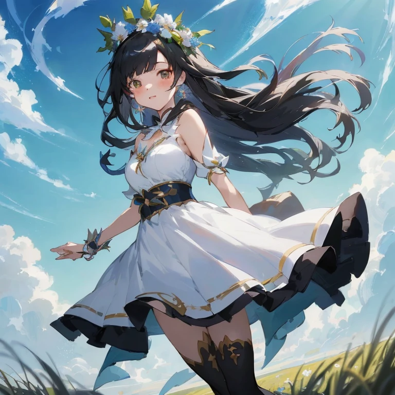 Anime girl in white dress with flowers in her hair, hestia, anime goddess, Cute anime waifu in a nice dress, Ayaka Genshin Impact, Anime visuals of cute girls, anime moe art style, Beautiful maiden, guweiz on pixiv artstation, guweiz, cushart krenz key art feminine,  in dress