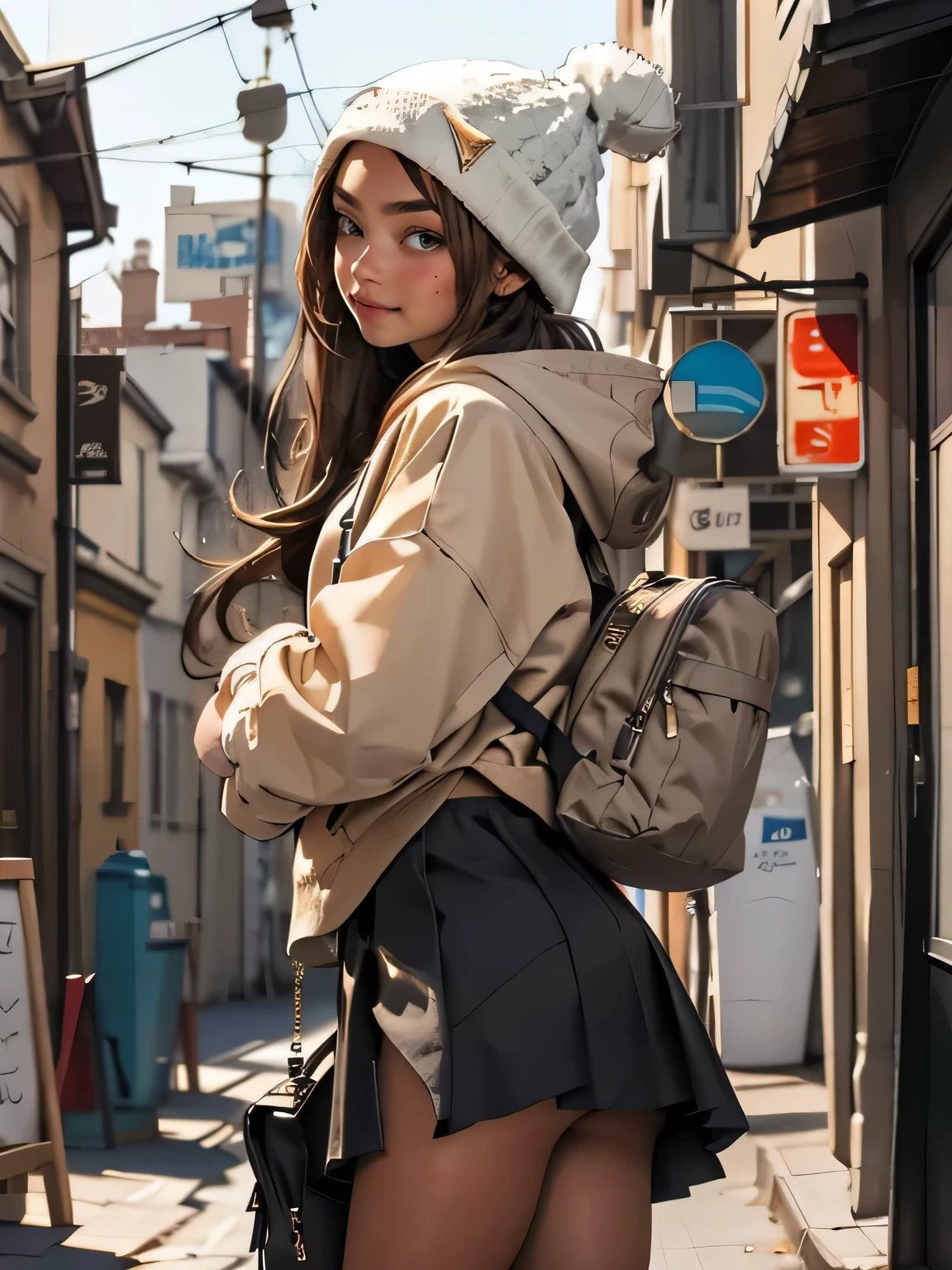 (best quality, masterpiece), 1girl, hoodie, long hair, street, looking at viewer, beanie, skirt, makeup, piercing, pantyhose,