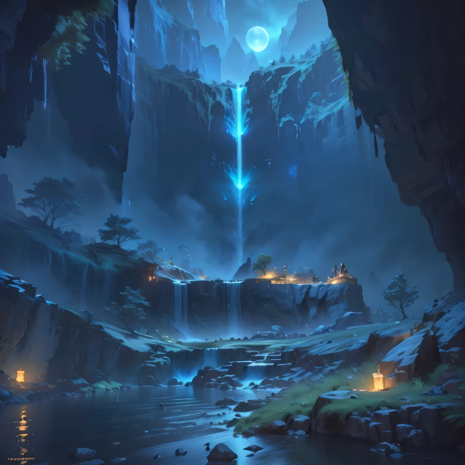 There is a cave,There is a waterfall inside,The waterfall lights up at night, Unreal Engine rendered concept art, Concept art stunning atmosphere, jessica rossier fantasy art, Concept Art 8 K resolution, concept art 8k resolution, Concept Art 8 K, Beautiful concept art, Unreal Engine fantasy art, Andreas Rocha style, Relaxation concept art, 4k resolution concept art