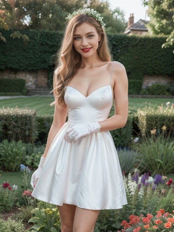 Peach Wedding Dress, blonde  long hair, blue eyes, satin dress, satin gloves, red lipstick, blue eye shadow, smiling, long white satin elbow gloves ,garden background 