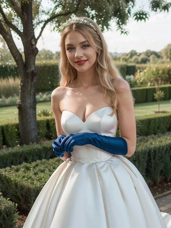 Peach Wedding Dress, blonde long hair, blue eyes, satin dress, satin gloves, red lipstick, blue eye shadow, smiling, long white satin elbow gloves ,garden background