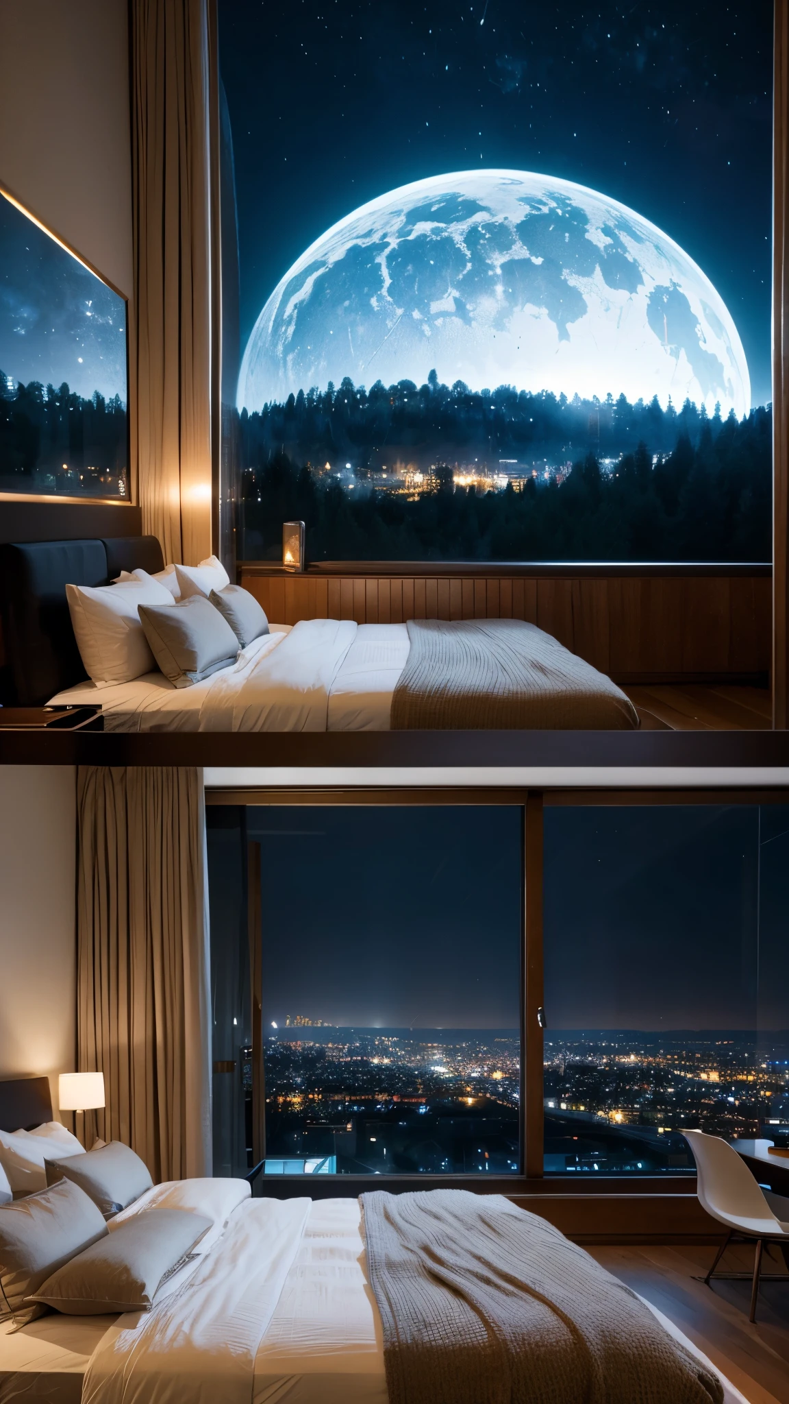 arafed bedroom with a view of a city and a large bed, large windows to forest at night, dark bedroom, atmospheric render, night time render, dramatic ambient lighting, giant glass dome in space, dim bedroom, breathtaking render, ambient lighting from top, humans sleeping in healing pods, enscape render, dramatic rendering, dramatic dreamlike lighting 2 arafed bedroom with a view of a city and a large bed, a digital rendering by Aleksander Gierymski, shutterstock, conceptual art, large windows to forest at night, dark bedroom, atmospheric render, night time render, dramatic ambient lighting, giant glass dome in space, dim bedroom, breathtaking render, ambient lighting from top