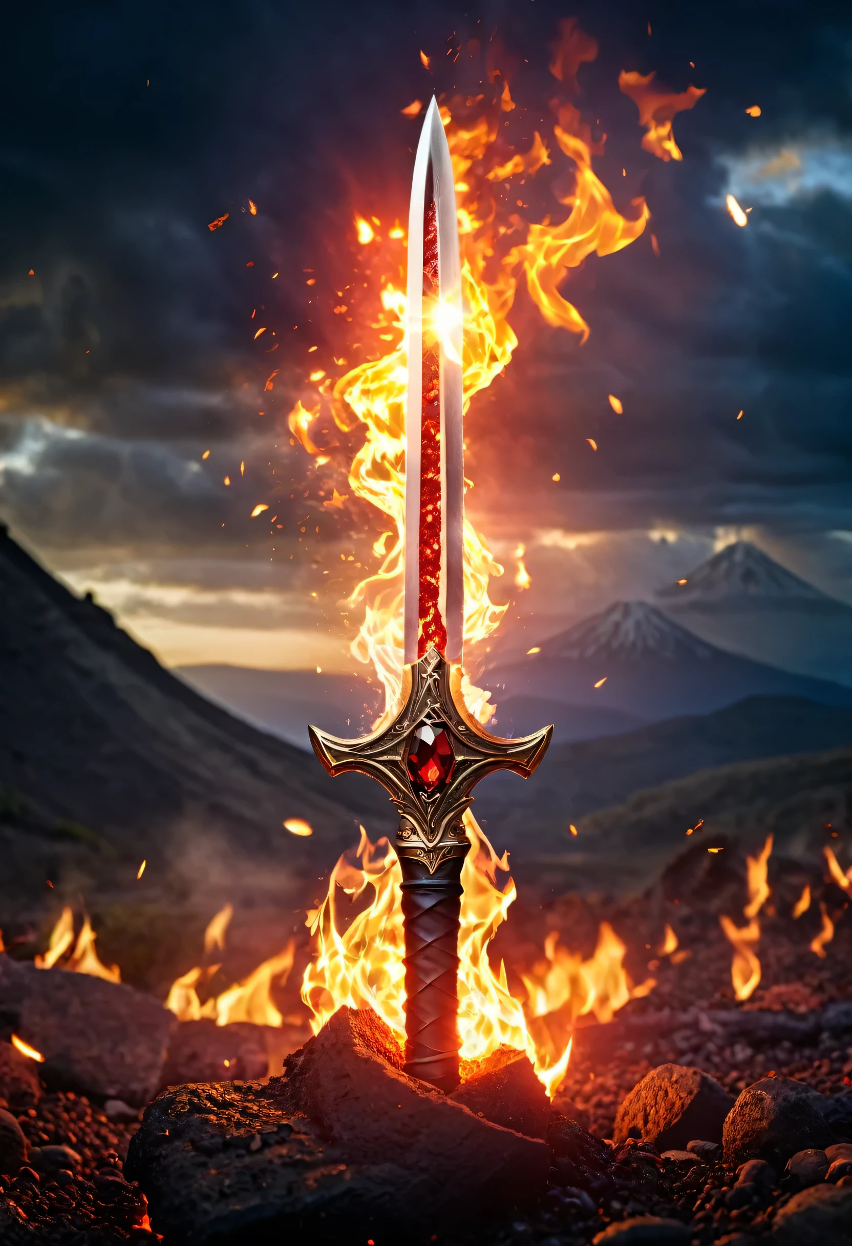 Garnet Blade of Flame, The Garnet Blade appears as a fiery scimitar forged from molten lava, its blade shimmering with deep red hues, Embedded within its thin hilt is a pulsating garnet gemstone channeling the essence of fire, With a swing it conjures infernal flames capable of engulfing foes in blistering heat, Its power intensifies under the sun's rays igniting into an unstoppable blaze that leaves nothing but ashes in its wake, masterpiece, best quality, hyper detailed, ultra detailed, UHD, dof, hyper-realism, majestic, awesome, inspiring, cinematic, deep blacks, cinematic composition, soft shadows, national geographic style, wide shot, long shot, far away, bokeh, detailed background, volcano ruins
