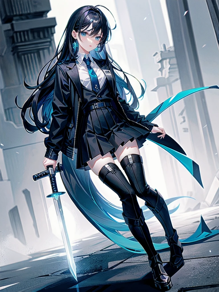whole body, long blue great sword, Ruins, tech boots, black jacket, samurai, school_uniform, absurdres, extremely delicate and beautiful, masterpiece, Best Quality, ultra high resolution, 32k, ultra-detailed description, tearful mole, earring, short medium wavy hair,