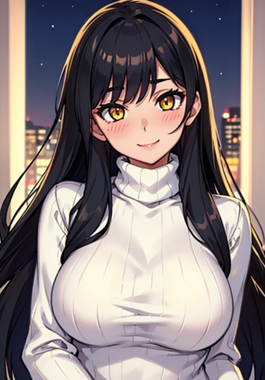 Masterpiece, best quality, expressive eyes, perfect face, 1girl, breasts, sweater, solo, long hair,black hair, large breasts, smile, white sweater, turtleneck sweater, looking at viewer, night, turtleneck, ribbed sweater, yellow eyes, blush, long sleeves, sky