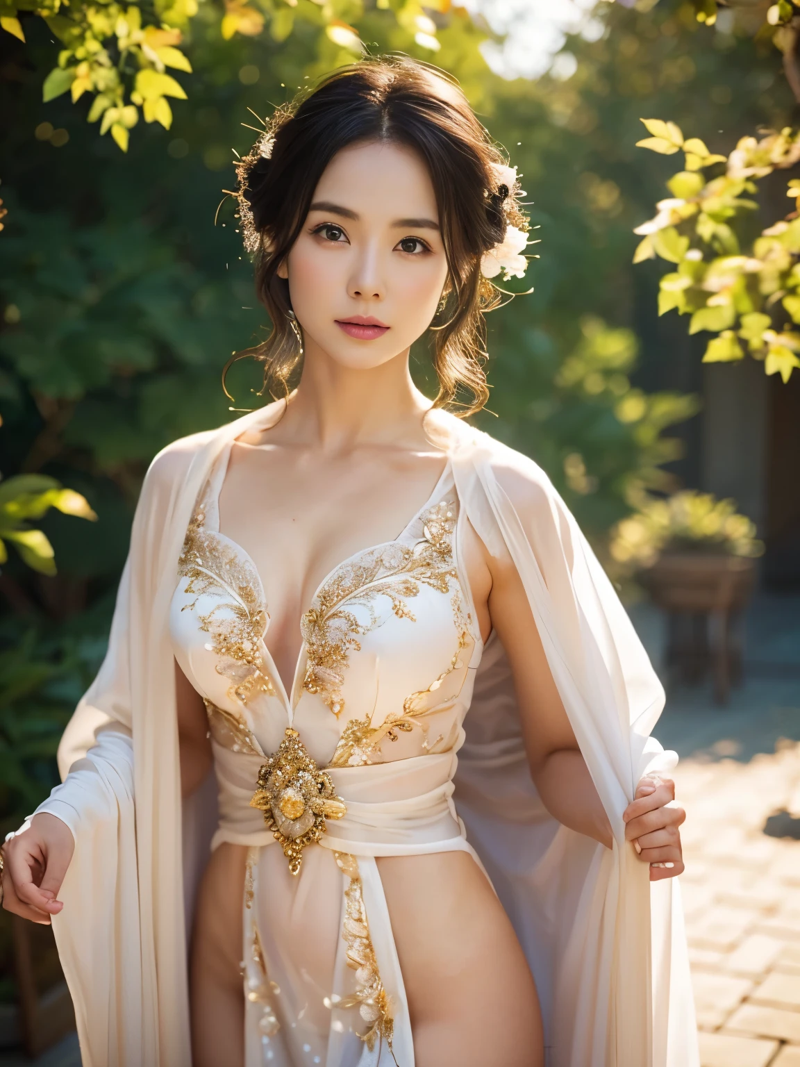 50 year old mature woman、Classy sex appeal、Beautiful woman、sexy、Beautiful butt high quality、透明Whitening skin、Perfect natural light、8K High Resolution、High resolution、Glowing Beautiful Skin、Transparent beauty、Realistic、Whitening skin、masterpiece、Moist eyes、Nasolabial folds、Bright spot、Gravure quality、Floral、Light hair color、Fantastic other world、Wearing noble robes、royal hall hall、Beautiful dress、Plump body shape、