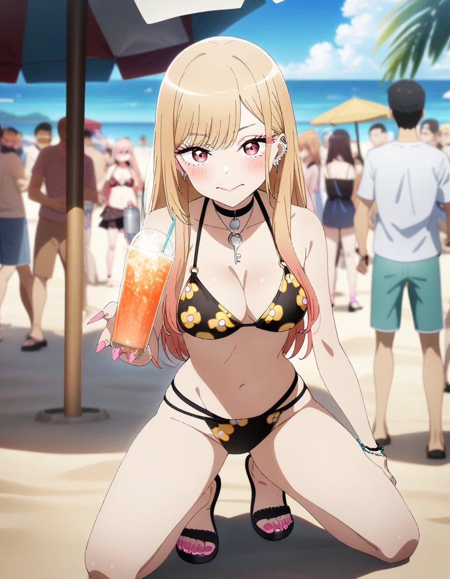 1girl, kitagawa marin, sono bisque doll wa koi wo suru, bikini, beach, beach parasol, kneeling, ready drink in one hand, crowd, closed mouth, sexy pose, key visual, highly detailed, looking at viewer, full body, masterpiece, best quality, very aesthetic, absurdres