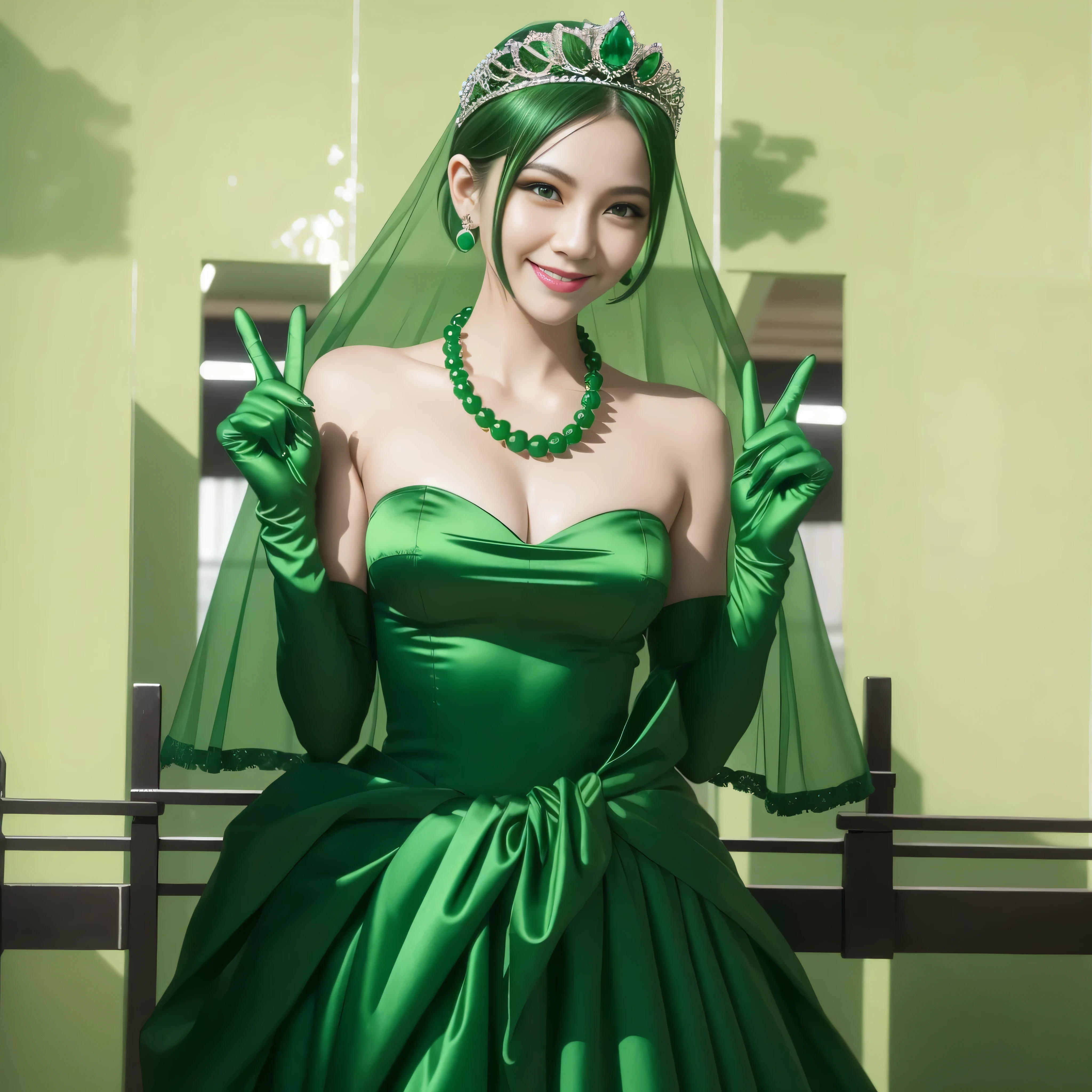 Emerald tiara, Green Pearl Necklace, Boyish very short green hair, lipstick, Smiling Japanese woman, Very short hair, beautiful, Green Eyes, Long green satin gloves, Green Eyes, Emerald Earrings, Green Veil, v sign
