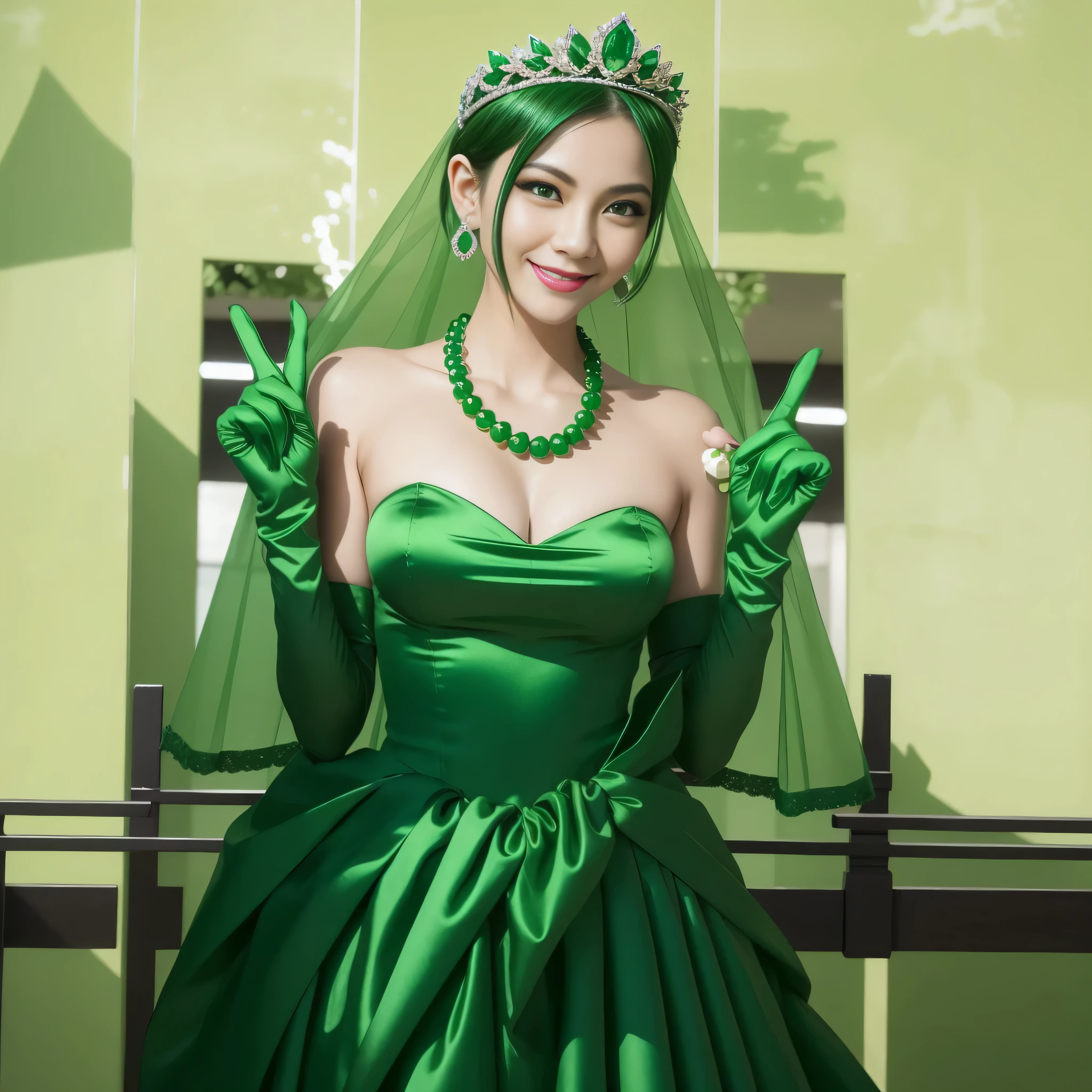 Emerald tiara, Green Pearl Necklace, Boyish very short green hair, lipstick, Smiling Japanese woman, Very short hair, Big tits beautiful, Green Eyes, Long green satin gloves, Green Eyes, Emerald Earrings, Green Veil, v sign