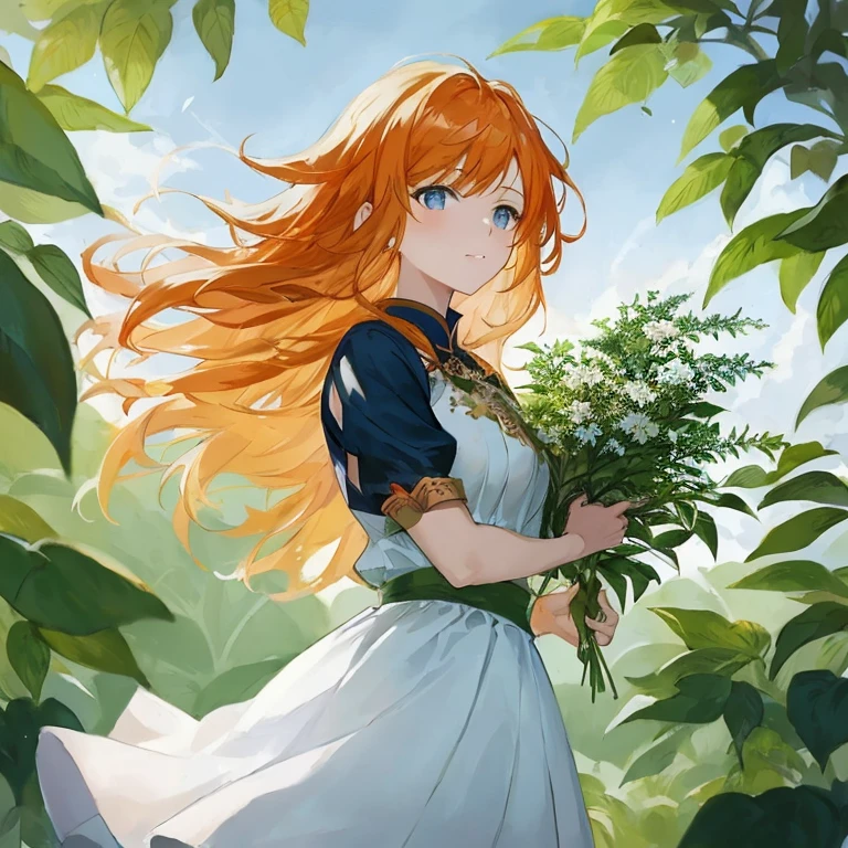 Woman in dress holding a bunch of flowers in her hands, guweiz on pixiv artstation, guweiz on artstation pixiv, Copper-haired maiden, anime lush john 8k woods, Trending on ArtStation pixiv, digital anime illustration, Anime Illustration, cushart krenz key art feminine, Detailed Digital Anime Art, zerochan art