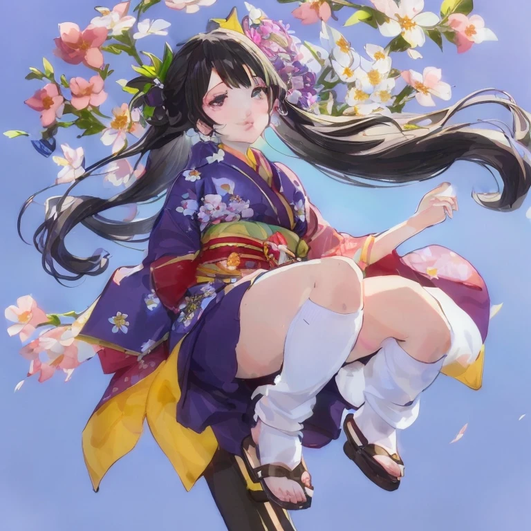 Anime girl with long black hair sitting on a stick with flowers, hanayamata, in a kimono, anime moe art style, anime style 4 k, in a kimono, guweiz on pixiv artstation, guweiz, guweiz on artstation pixiv, Ayaka Genshin Impact, beautiful anime girl squatting, High quality anime art style