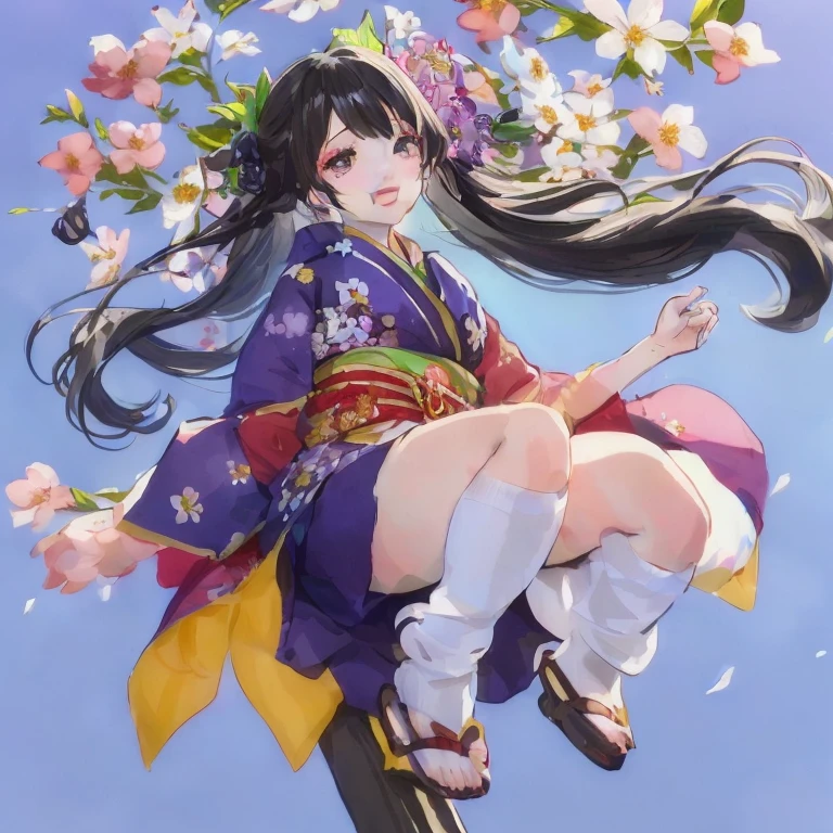 Anime girl with long black hair sitting on a stick with flowers, hanayamata, in a kimono, anime moe art style, anime style 4 k, in a kimono, guweiz on pixiv artstation, guweiz, guweiz on artstation pixiv, Ayaka Genshin Impact, beautiful anime girl squatting, High quality anime art style