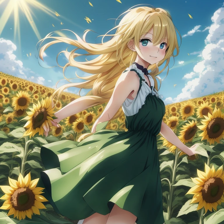 Anime girl in green dress walking in sunflower field, Beautiful sunflower anime girl, Scene: Sunflower field, Scene : Sunflower field, anime style 4 k, blonde anime girl with long hair, Anime Background, high definition anime art, hd anime wallaper, anime wallaper, 4k anime wallpaper, 4 k manga wallpaper, official anime artwork, High quality anime art style