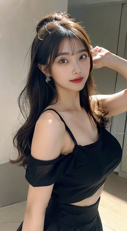 (big round breasts: 1.6), (half body), very delicate and beautiful, masterpiece, top quality, ultra high resolution, 16k, realistic, super detailed, 1 girl, forehead, dark hair, solo, ((very voluptuous glamor) ), Squinted eyes, dark eyes, sparkling eyes, black hair, gloves, dress, luxurious jewelry, earrings, piercing eyes, elbow grooves, hair tied up with hands up, mesh off-shoulder bra in random colors, mesh short dress in random colors , various and bold postures, long eye makeup, narrow eyes, smiles, lipstick, complex petal patterns, rim lights, backlights, pastel colors, studio lighting.