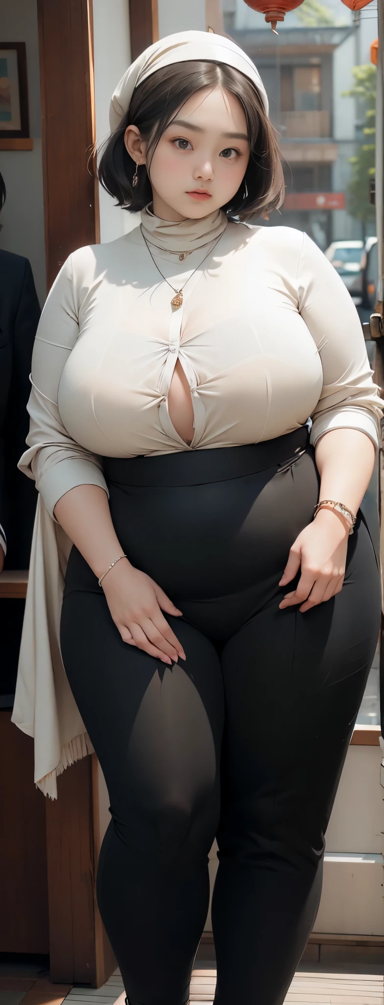 realisitic、Curvaceous woman standing alone, Woman in hijab suit, with a suit on, , Woman in , Wearing a white collar shirt under a suit、thick skirt、tight skirts、Girl in a suit, female in tight office dress, , Girl in suit, young woman, in a suit, outfit, Wear a suit、 Suits、、professional photograpy、Does not expose the skin, Japanese Models,、,The skin is not exposed、fleshy body, large boob、 hard 、、big butts、Big belly、thick waist、Body without tone、thick thight、thick arms、Round face、Fat face、chubby cheeks、Sauce order、big eye、A dark-haired、short-haired、Standing facing the front、Left hand pose on the hip、Right hand is down in a pose、Straight back posture、Sun background、chinese-Indonesian woman , full body , bracelet , necklace , , short hairstyle , fat belly , thick hips , dark room , baby face , chubby cheeks , black room