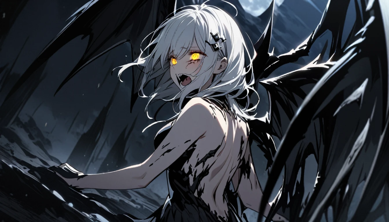 A woman, flowing white hair, melancholy eyes, yellow pupils, black diamond-shaped hairpin, tattered black dragon wings sprouting from her back, moonlight, eyes hidden by her hands, screaming in agony,