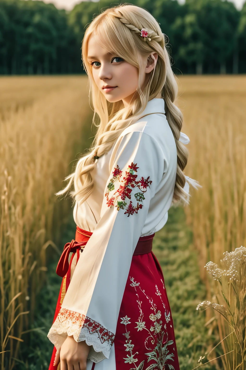 girl, Russian girl, Medieval Russia, Long Yukata, white outfit, field, green eye, red lace, blond hair, Embroidery, beauty girl