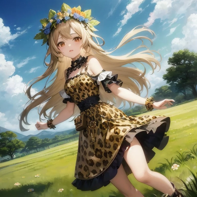 Anime girl in leopard print dress runs through field with flowers, in dress, Cute anime waifu in a nice dress, official artwork, splash art anime , Detailed key anime art, Anime visuals of cute girls, Fine details. girls' frontline, official anime artwork, Key Anime Art, Anime Best Girl, blonde anime girl with long hair