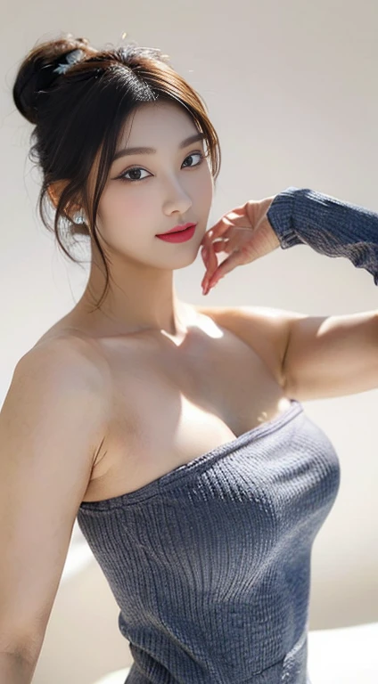 (big round breasts: 1.6), (half body), very delicate and beautiful, masterpiece, top quality, ultra high resolution, 16k, realistic, super detailed, 1 girl, forehead, dark hair, solo, ((very voluptuous glamor) ), Squinted eyes, dark eyes, sparkling eyes, black hair, gloves, dress, luxurious jewelry, earrings, piercing eyes, elbow grooves, hair tied up with hands up, mesh off-shoulder bra in random colors, mesh short dress in random colors , various and bold postures, long eye makeup, narrow eyes, smiles, lipstick, complex petal patterns, rim lights, backlights, pastel colors, studio lighting.