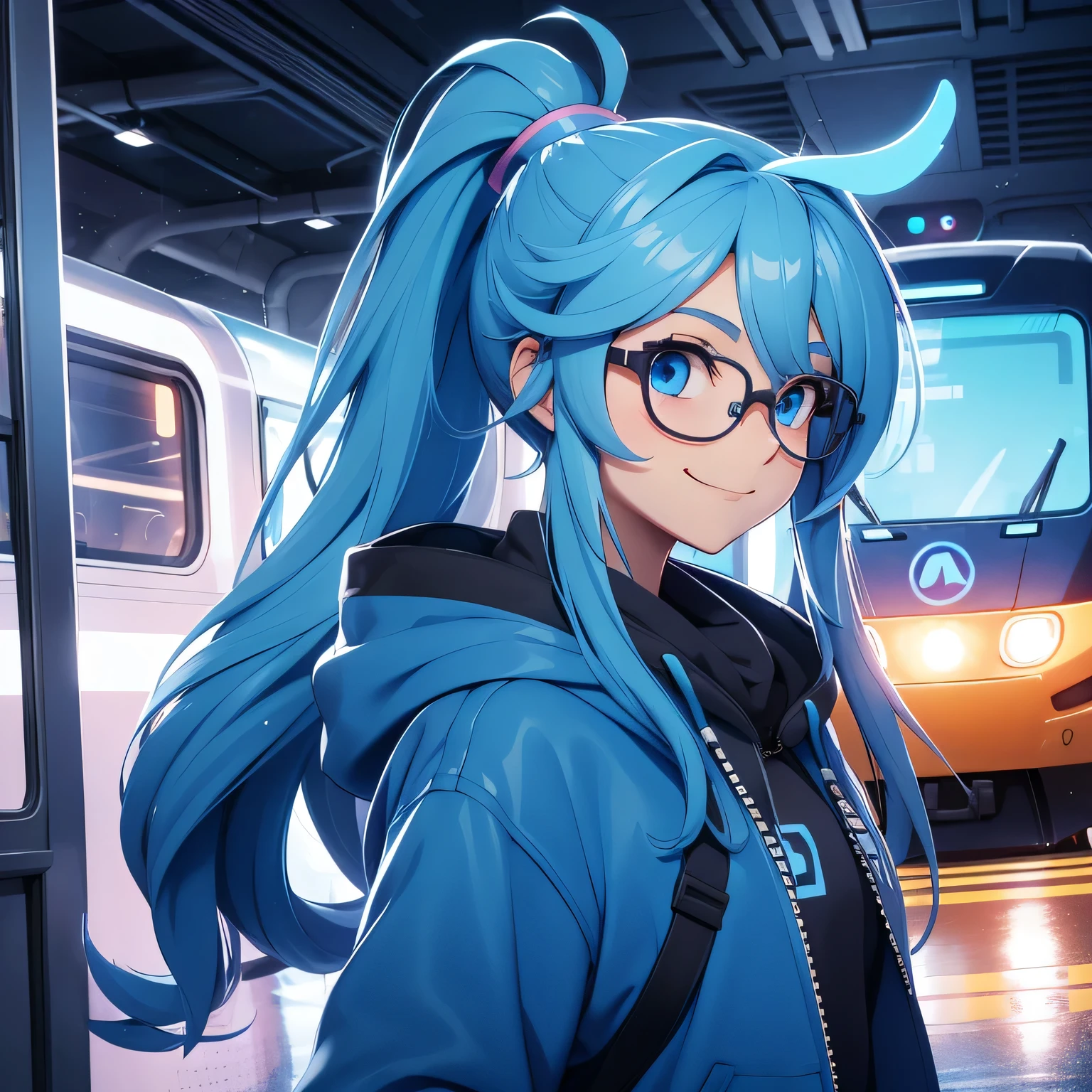 A girl, sky hair, long hair, feminime, cute smile, sky blue hoodie jacket, glowing blue eyes, train background, wearing headphone, side view, glasses, ponytail hair, wearing masker, 