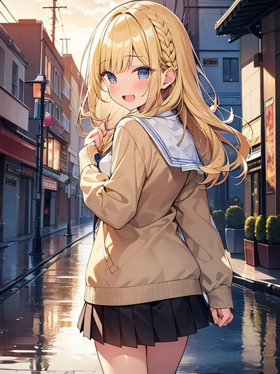 Masterpiece, Top quality, (1 beautiful girl), junior high school student, Blonde, Braided hair, Medium Hair, wavy Hair, blunt bangs, standard weight, cardigan, blouse, pleated skirt, laugh with an open mouth, walking, after the rain, sunset, beautiful scene of main street, puddle, cowboy shot, from below, back shot