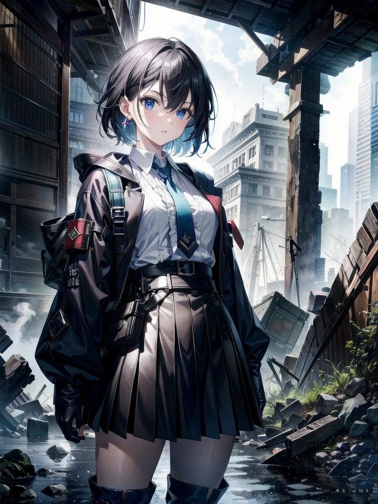 whole body, long blue great sword, Ruins, tech boots, black jacket, samurai, school_uniform, absurdres, RAW photo, extremely delicate and beautiful, masterpiece, Best Quality, ultra high resolution, 32k, hyperrealistic, ultra-detailed, detailed description, pale skin, 20 years old, detailed beautiful face and eyes, tearful mole, earring, Colossal tits, short medium hair, wavy hair,