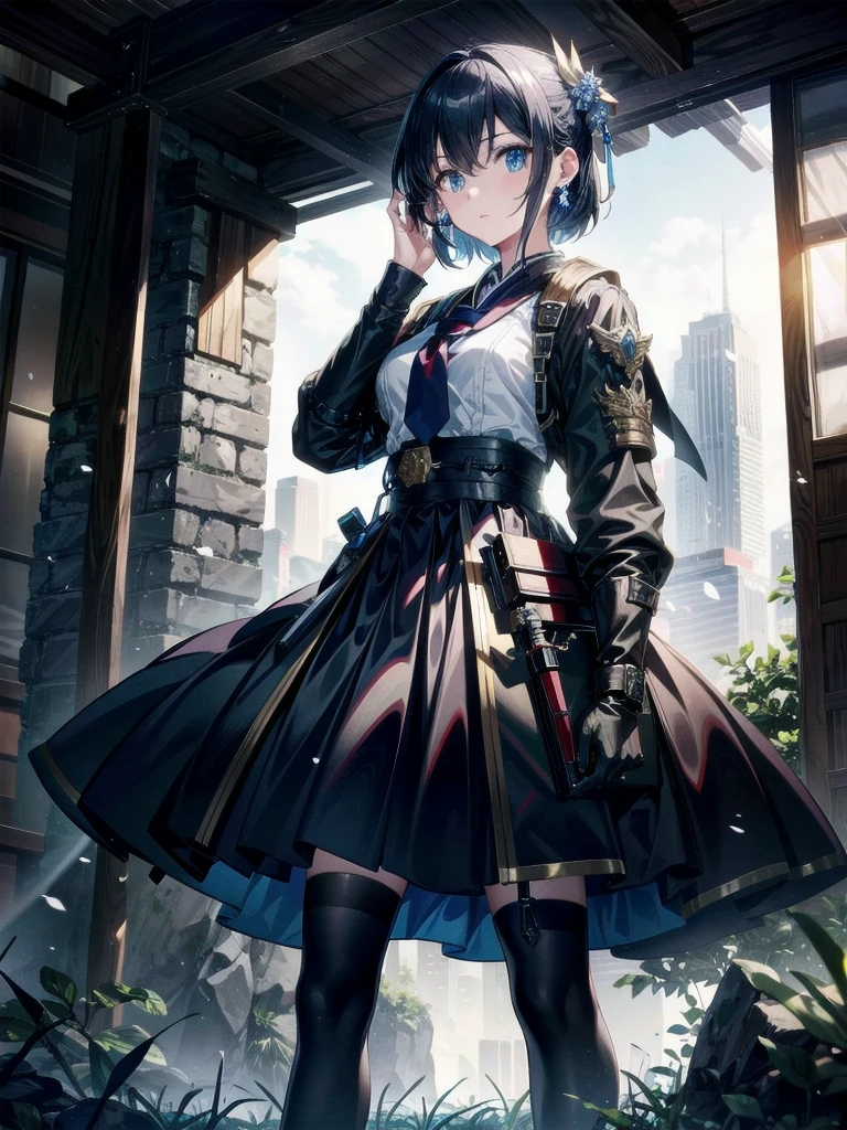 whole body, long blue great sword, Ruins, tech boots, black jacket, samurai, school_uniform, absurdres, RAW photo, extremely delicate and beautiful, masterpiece, Best Quality, ultra high resolution, 32k, hyperrealistic, ultra-detailed, detailed description, pale skin, 20 years old, detailed beautiful face and eyes, tearful mole, earring, Colossal tits, short medium hair, wavy hair,