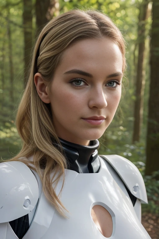 , 25 ans, delicate, poudre de contour, sexy, star war, sexy stormtrooper, stormtrooper cosplay, intricate details, French touch, cheveux de longueur moyenne, cheveux blonds, yeux bleus, sourire romantique, seductive look, bonne couverture, de nuit, éclairée par les flashes des photographes, skin details, pores de la peau, sexy, Samsung S22 Ultra digital camera, dans une foret humide