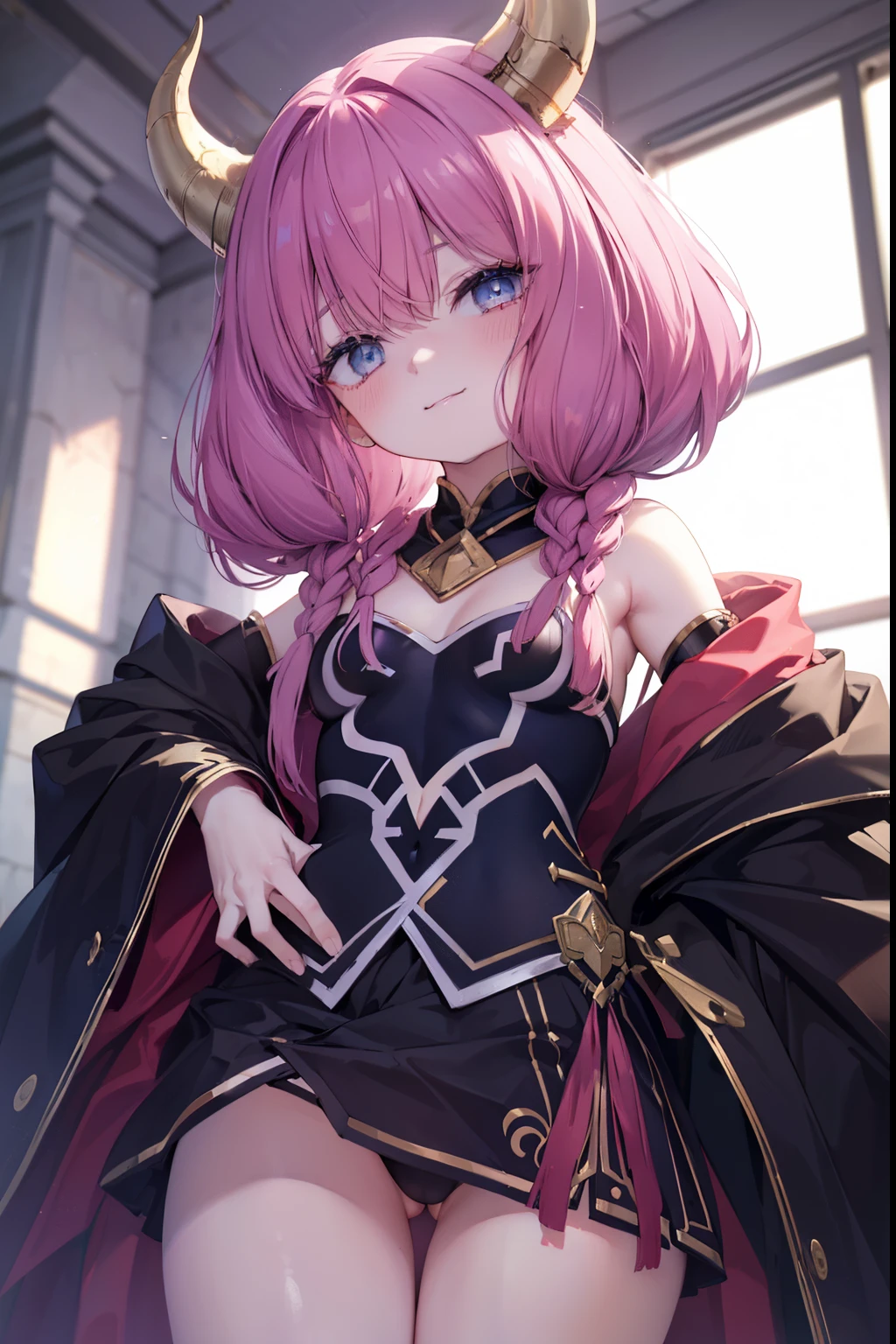 Aura、Half Bob Hair、Horns growing、Demon、blush,smile,Captivating thighs、Combat Uniform、Lolita、Small breastasterpiece:1.2), highest quality, High resolution, unity 8k wallpaper, (shape:0.8), (Beautiful and beautiful eyes:1.6), Highly detailed face, Perfect lighting, Highly detailed CG, (Perfect hands, Perfect Anatomy),