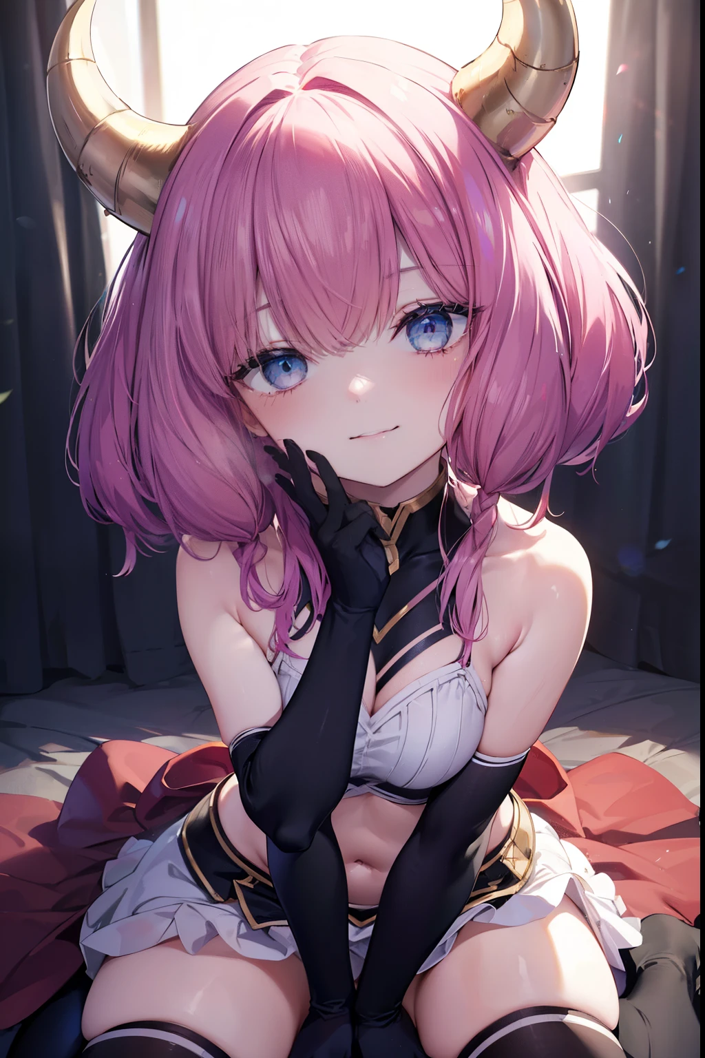 Aura、Half Bob Hair、Horns growing、Demon、blush,smile,Captivating thighs、Combat Uniform、Lolita、Small breastasterpiece:1.2), highest quality, High resolution, unity 8k wallpaper, (shape:0.8), (Beautiful and beautiful eyes:1.6), Highly detailed face, Perfect lighting, Highly detailed CG, (Perfect hands, Perfect Anatomy),