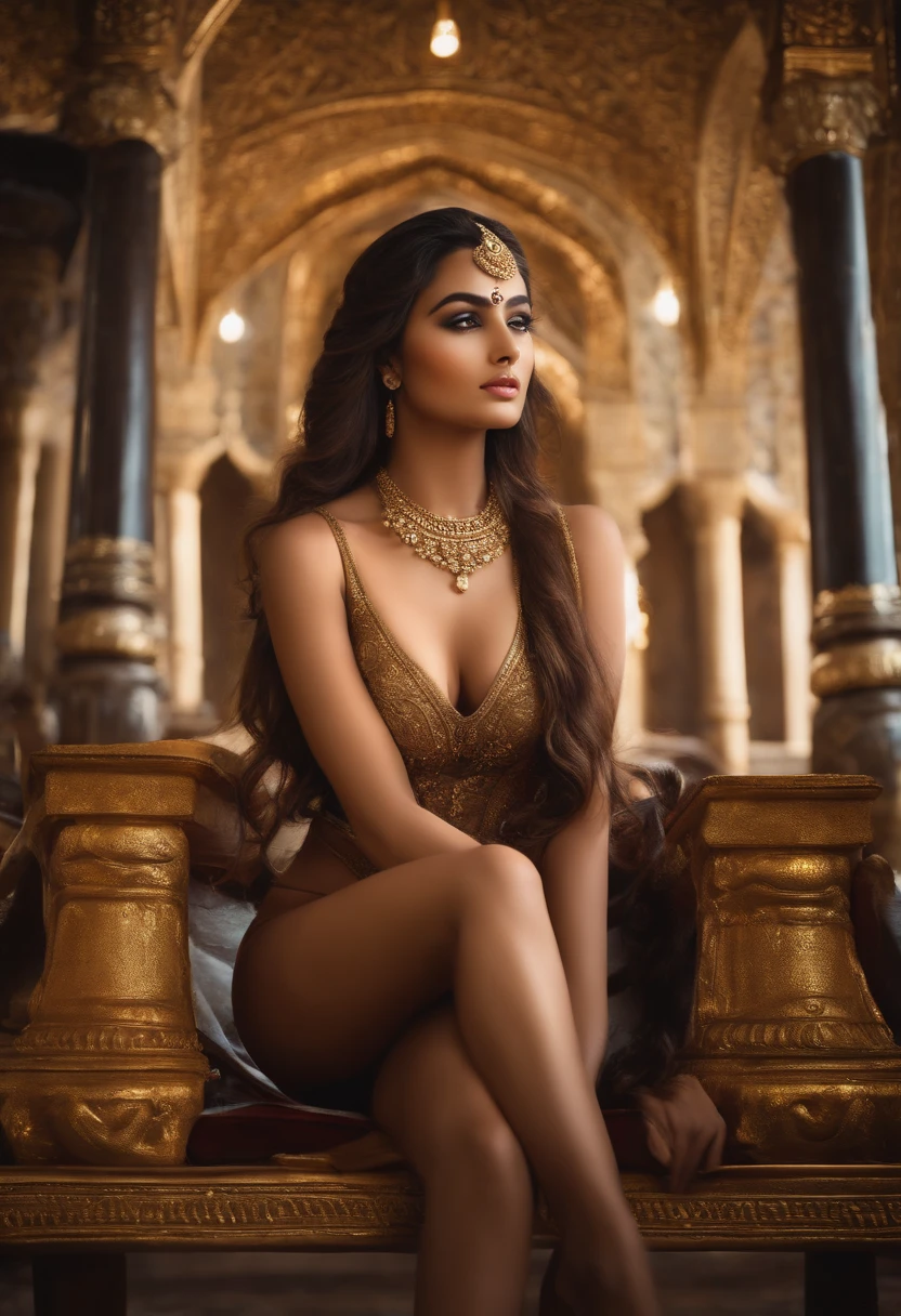 masterpiece), best quality, expressive eyes, perfect face, 1 girl, solo, Princess of ancient India, 20 years old, , pubic hair,medium breasts, big hips , glamorous, alluring, shapely, dark royal place, innocent, Pure, delicate, portrait, cold light, frontal, Natural posture, Proportional body, perfect body figure, epic, Epic, myth, royal, Metallic light, Regal, nobility, sitting on throne, open legs, nude