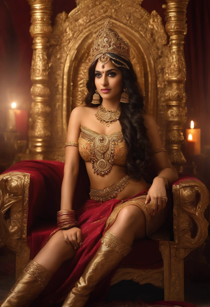 masterpiece), best quality, expressive eyes, perfect face, 1 girl, solo, Princess of ancient India, 20 years old, , pubic hair,medium breasts, big hips , glamorous, alluring, shapely, dark royal place, innocent, Pure, delicate, portrait, cold light, frontal, Natural posture, Proportional body, perfect body figure, epic, Epic, myth, royal, Metallic light, Regal, nobility, sitting on throne, open legs, nude