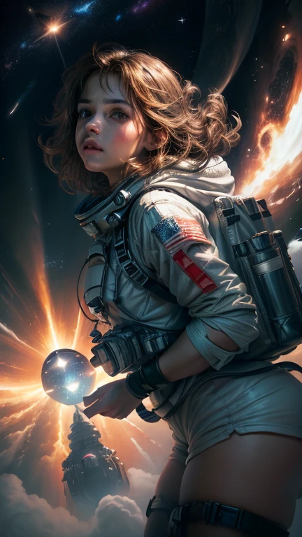 ((masterpiece, highest quality, Best image quality, High resolution, Realistic, RAW Photos, 8k)),background, Receiving the light of a small star, Astronaut floating in interstellar space, Flying through space using rocket propulsion from a backpack, Huge spaceship, Interstellar space emits light uniformly, Astronaut floating in the vastness of space,