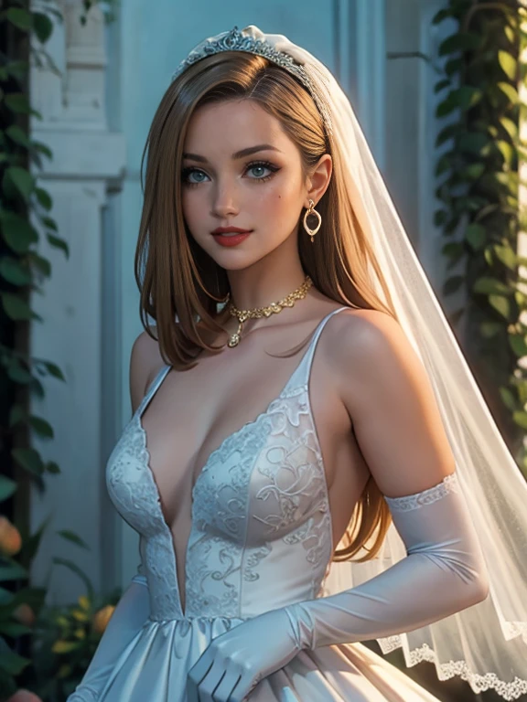 Peach Wedding Dress, blonde  long hair, blue eyes, satin dress, satin gloves, red lipstick, blue eye shadow, smiling, long white satin elbow gloves ,garden background , golden choker necklace 