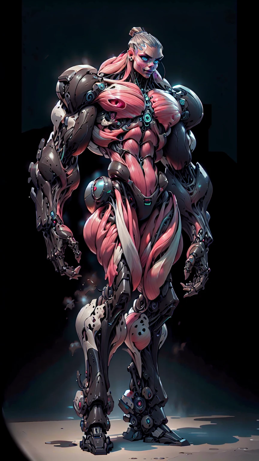 (1 girl), (cara delevingne), (muscular android girl wearing a black anatomic cybernetic muscle suit:1.25), (wide shoulders:1.25), (muscular defined physique:1.25), perfect hands, long hair, large breasts, high resolution image, extreme detail, blank background