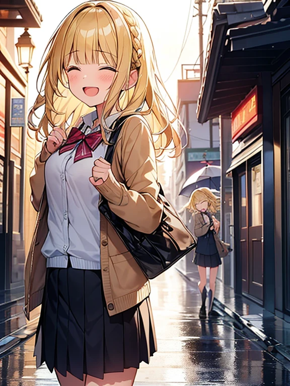 Masterpiece, Top quality, (1 beautiful girl), junior high school student, Blonde, Braided hair, Medium Hair, wavy Hair, blunt bangs, standard weight, cardigan, blouse, pleated skirt, laugh with an open mouth, closed eyes, walking, after the rain, sunset, beautiful scene of main street, puddle, cowboy shot, from below, back shot